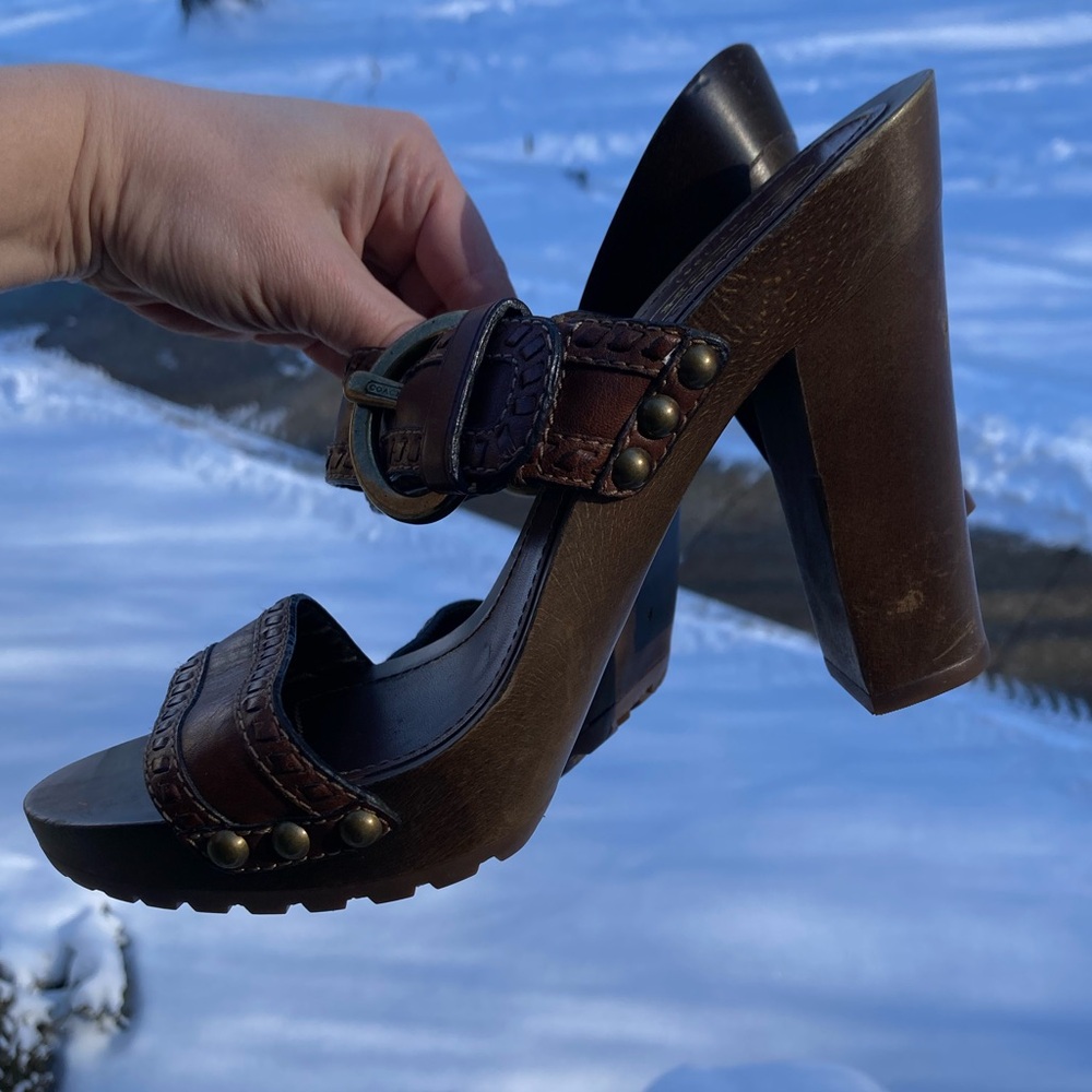 Coach Chrissy Brown Leather Whipstitch Gold Buckle Gold Studded Wooden Heels - Picture 9 of 17